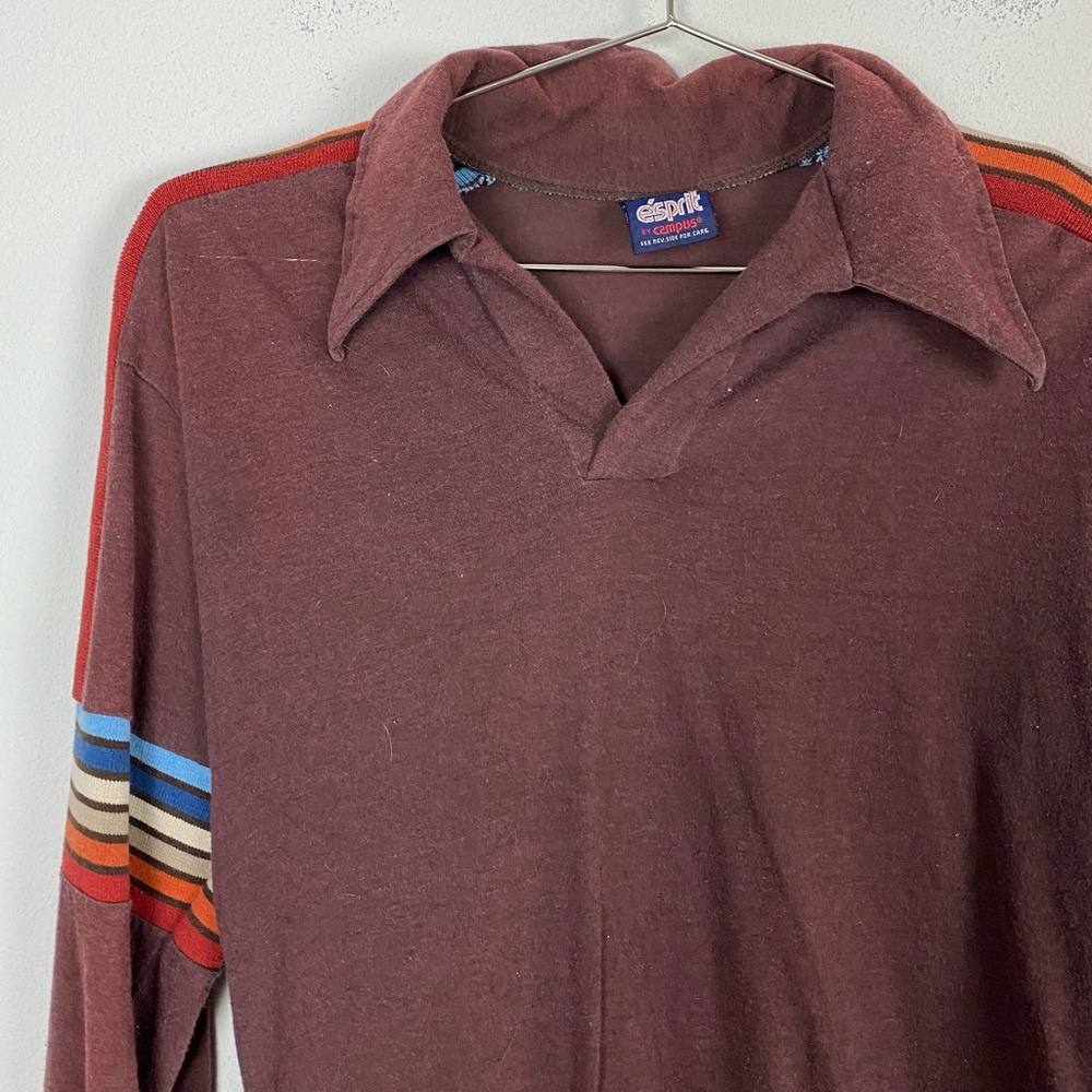 Men's Vintage Esprit by Campus Burgundy Striped Collared Long Sleeve Top - Picture 3 of 7